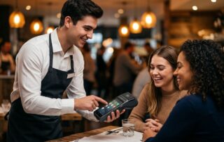 Young waiter using handheld POS terminal at a restaurant table with smiling customers.
