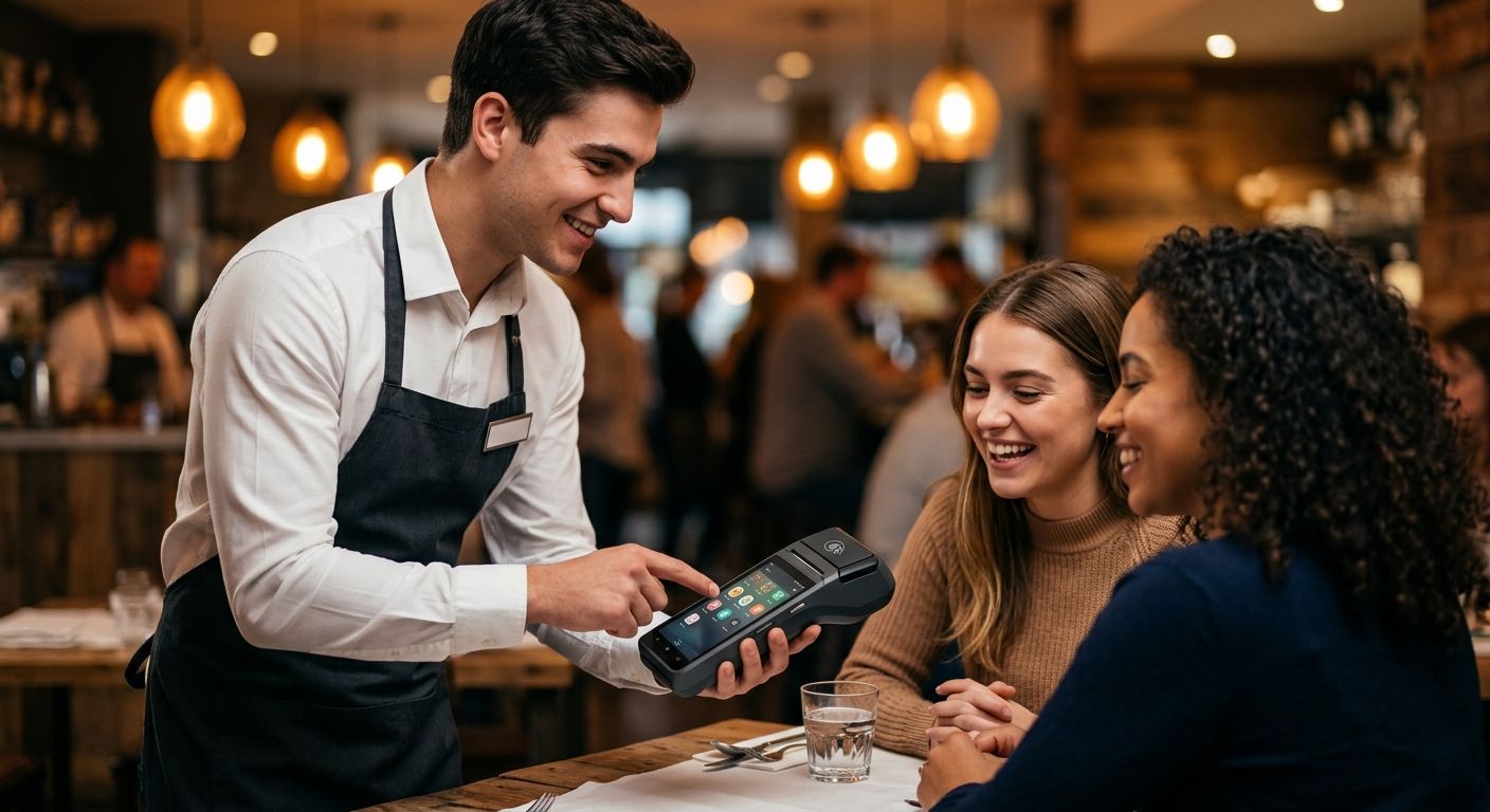 featured-5d6e5cc3-1956-4f50-a89a-06f6ab804be0 Young waiter using handheld POS terminal at a restaurant table with smiling customers.