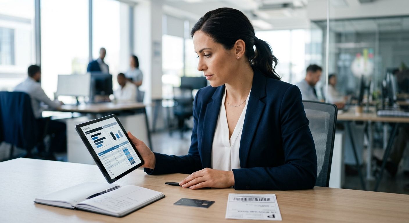 featured-b47a6a0e-5372-4ca9-b22d-3f1273b8ed54 A professional businessperson in a modern office reviewing a tablet displaying B2B Level 3 transaction data, with props including a credit card, shipping label, and notebook.