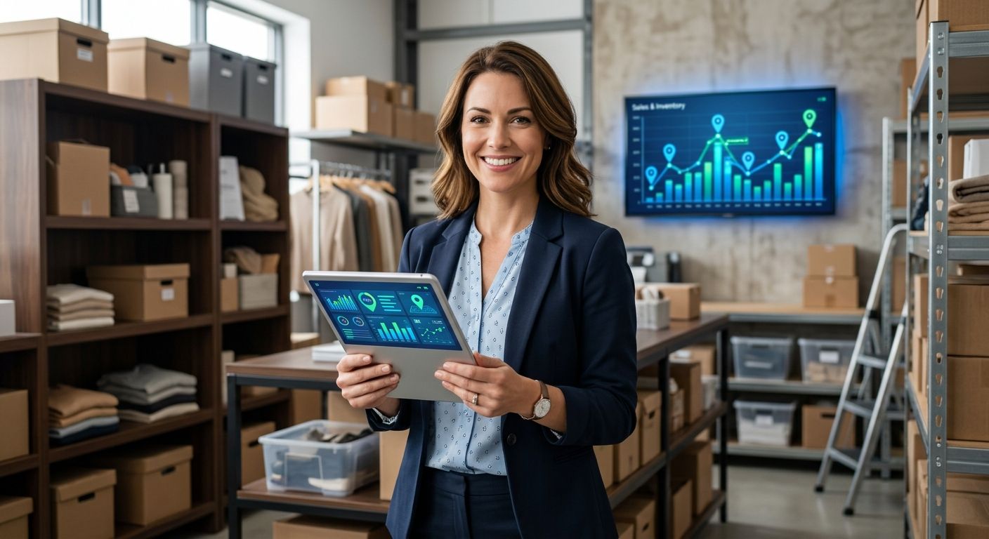 A retail manager holding a tablet showing an omnichannel dashboard in a modern stockroom with a large screen displaying inventory graphs for multiple locations.