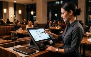 A restaurant server uses a modern countertop POS terminal with a touchscreen and card reader in an upscale dining room, with a wine glass and check presenter nearby.