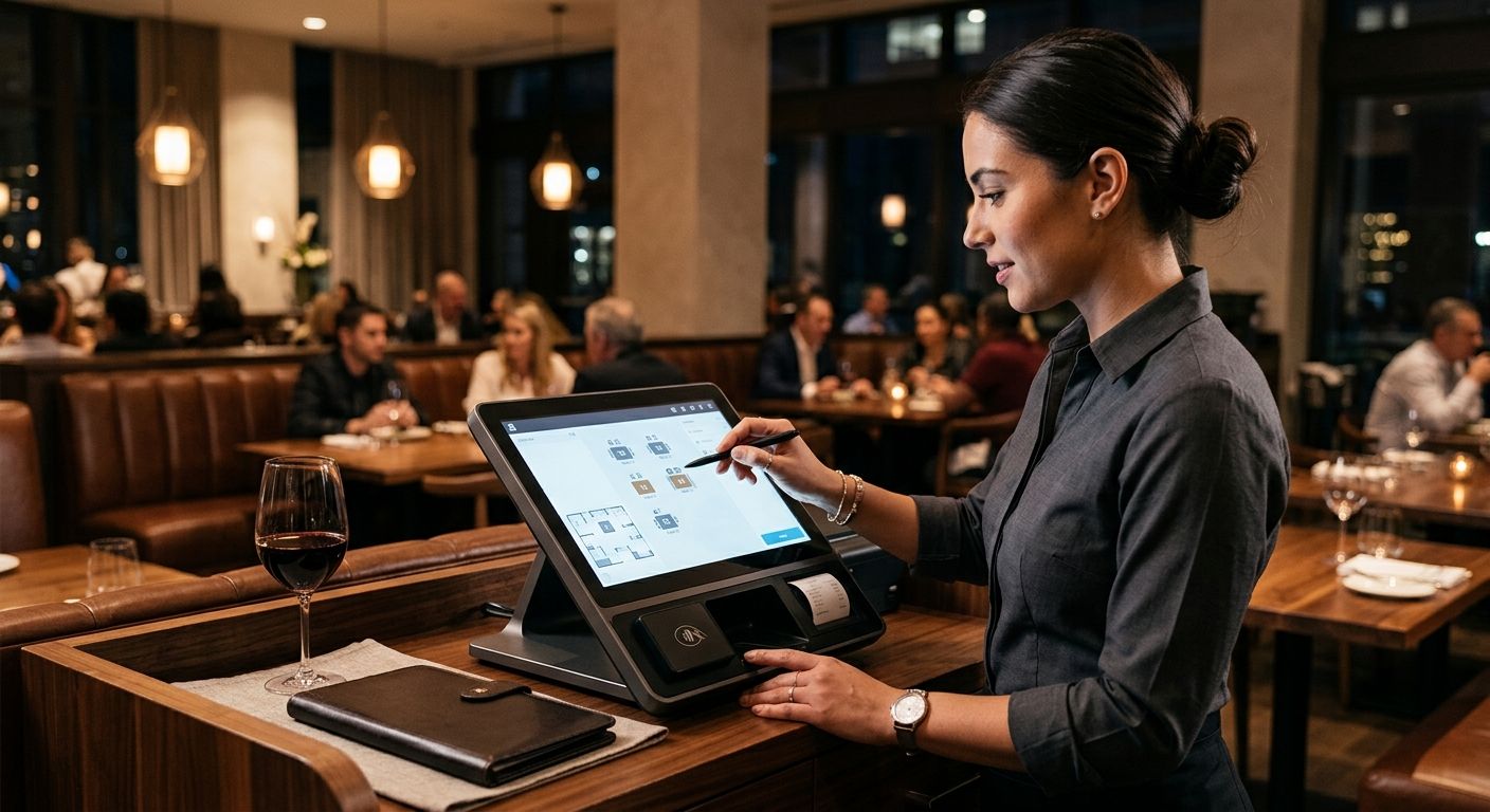 A restaurant server uses a modern countertop POS terminal with a touchscreen and card reader in an upscale dining room, with a wine glass and check presenter nearby.