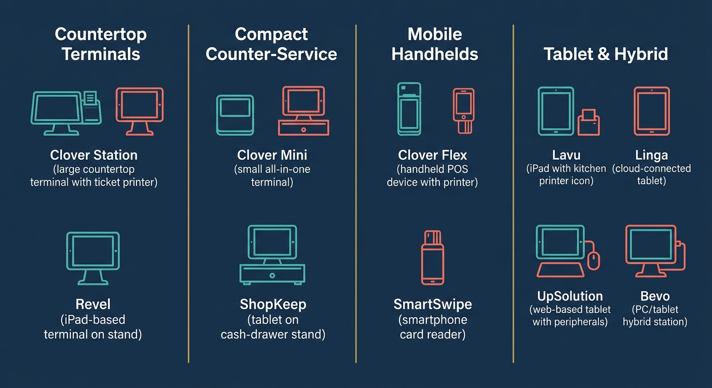 Infographic comparing restaurant POS systems grouped by device type: countertop terminals, compact counter-service, mobile handhelds, and tablet and hybrid options.