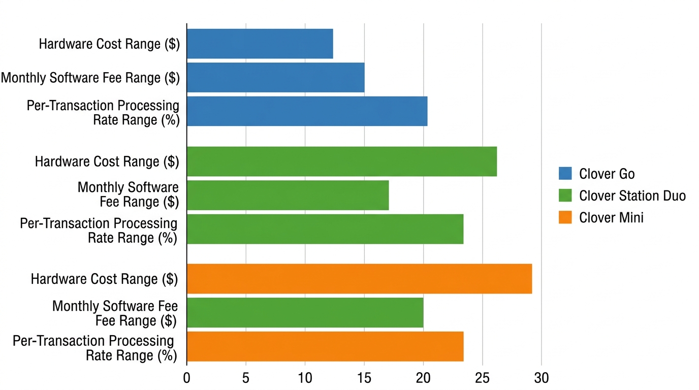 Grouped bar chart comparing pricing for Clover Go, Clover Station Duo, and Clover Mini across hardware cost, monthly software fee, and processing rate.