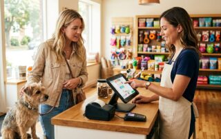Pet store owner demonstrating a POS system to a customer with a dog at the counter, bright natural light from windows, shelves of pet products in background