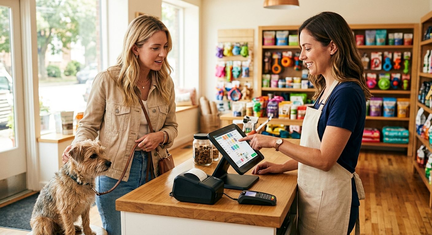 featured-25356bb9-f949-4793-bd80-214b54cf214a Pet store owner demonstrating a POS system to a customer with a dog at the counter, bright natural light from windows, shelves of pet products in background