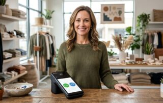 Smiling small business owner offering a customer a dual pricing payment choice on a modern POS terminal