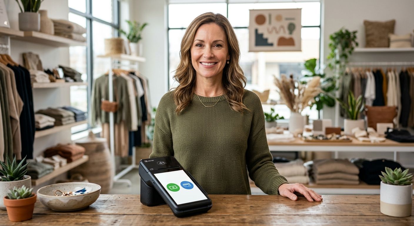 Smiling small business owner offering a customer a dual pricing payment choice on a modern POS terminal