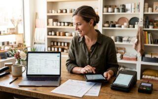Small business owner reviewing tax documents with POS equipment in a retail store