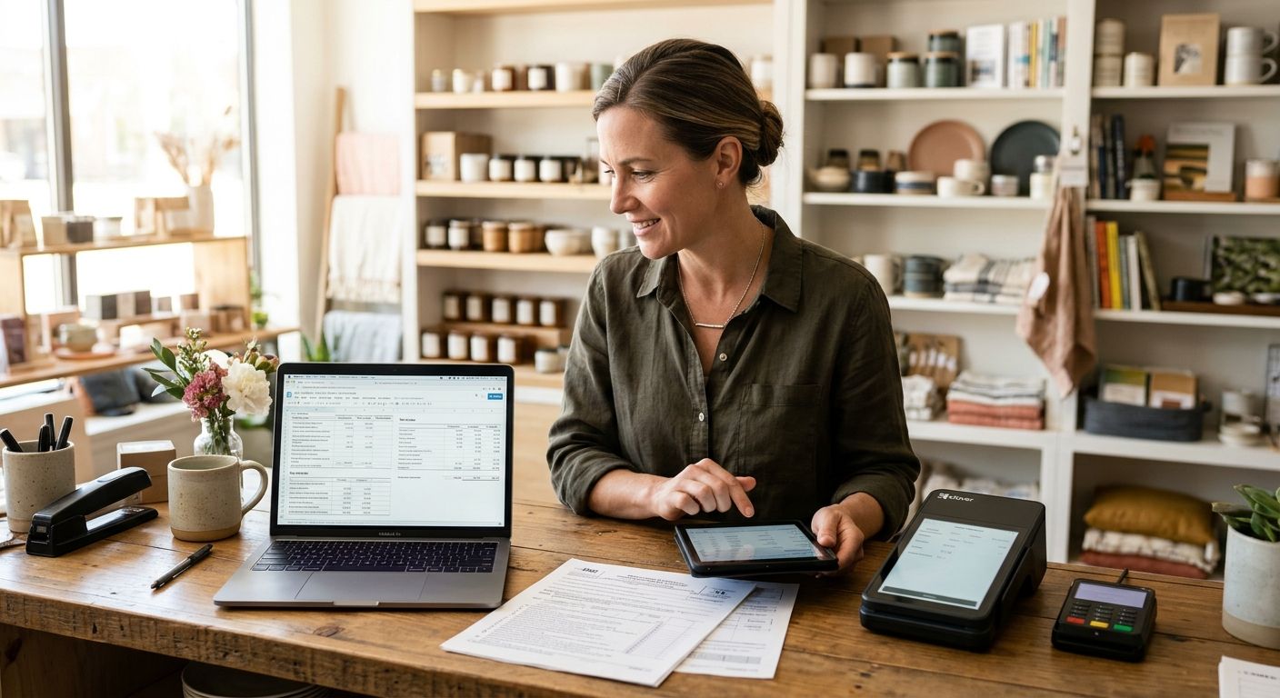 featured-37cdc7d9-8eb1-4a3c-b493-cbabaefd7cde Small business owner reviewing tax documents with POS equipment in a retail store