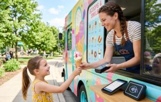 Ice cream truck owner handing a cone to a child and holding a card reader, with a mobile POS terminal and contactless payment symbol visible in the foreground.