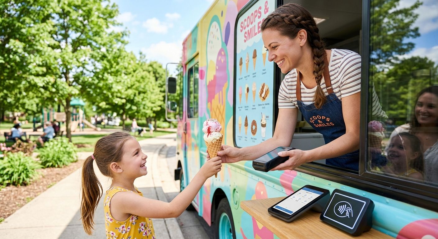 Ice cream truck owner handing a cone to a child and holding a card reader, with a mobile POS terminal and contactless payment symbol visible in the foreground.