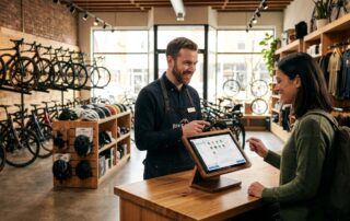 Professional photograph of a modern bike shop interior featuring a staff member at a POS terminal assisting a customer with new bicycles and accessories displayed in the background