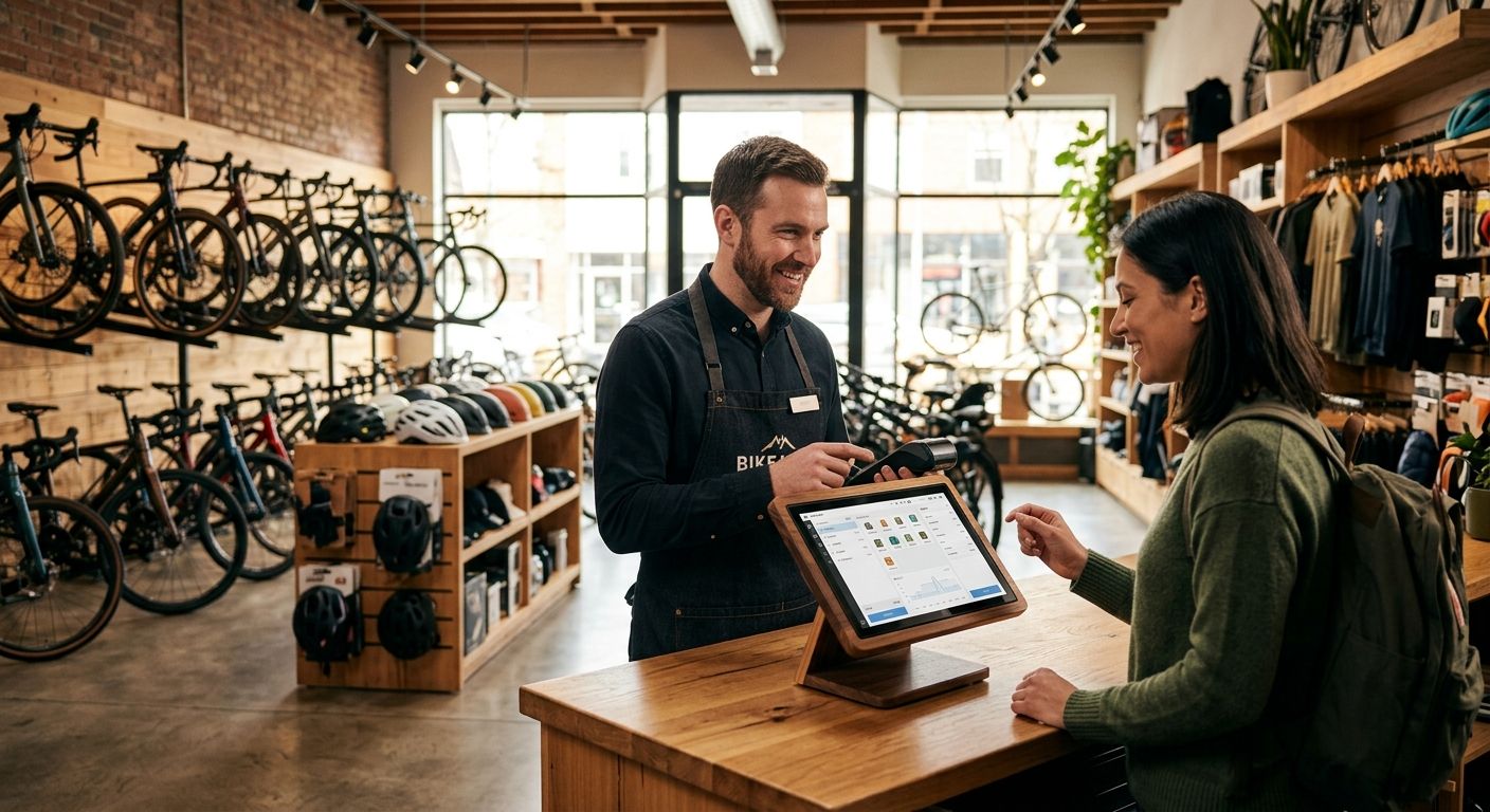 Professional photograph of a modern bike shop interior featuring a staff member at a POS terminal assisting a customer with new bicycles and accessories displayed in the background