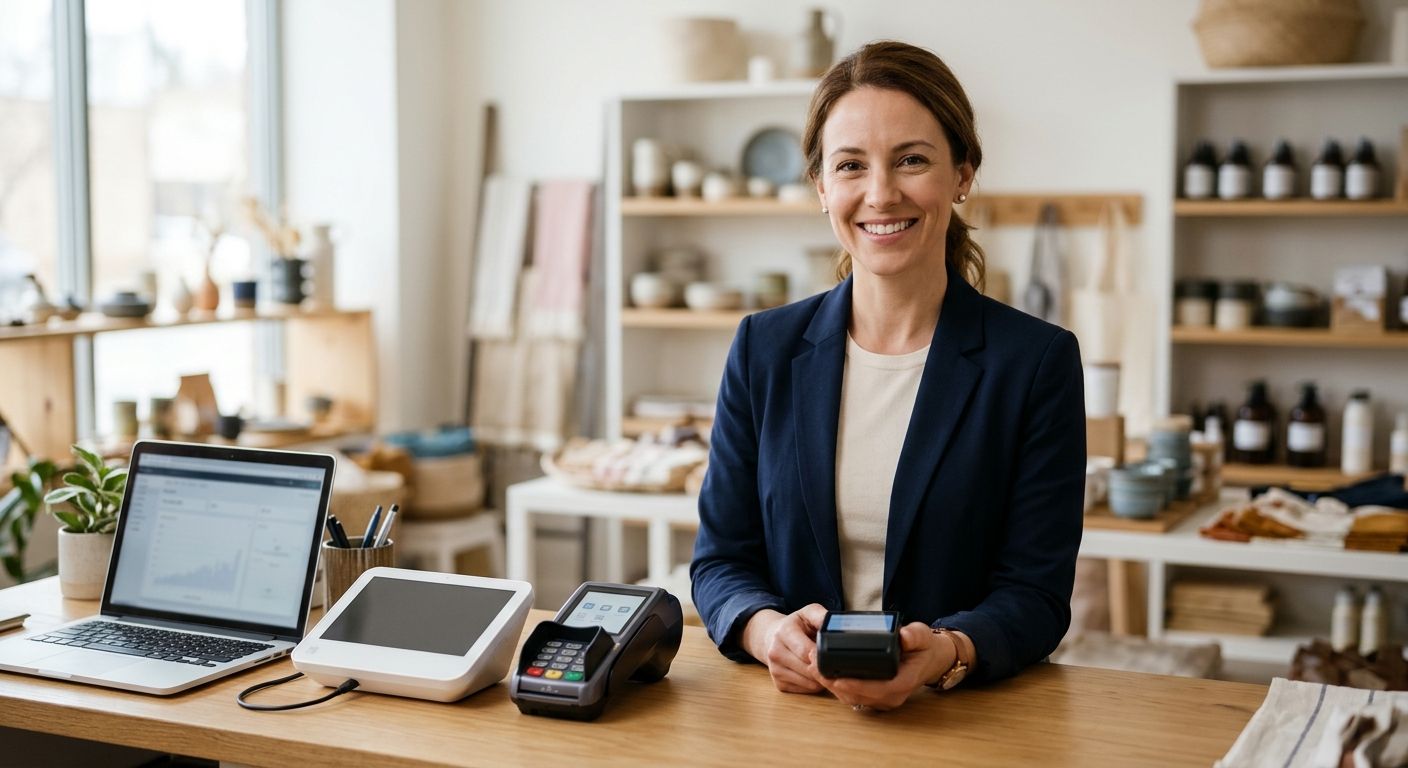 featured-cdc9fc0f-8bf8-44b0-b307-bfad6a1cde4e Confident small business owner holding a POS terminal behind a retail counter with Clover Mini and Verifone VX520 displayed