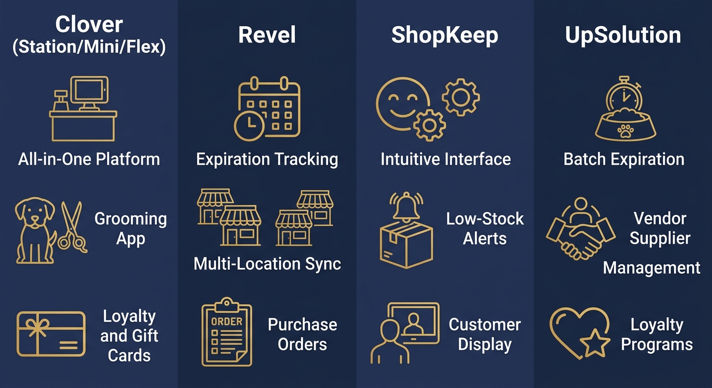 Infographic comparing POS systems for pet stores with four columns showing Clover, Revel, ShopKeep, and UpSolution features