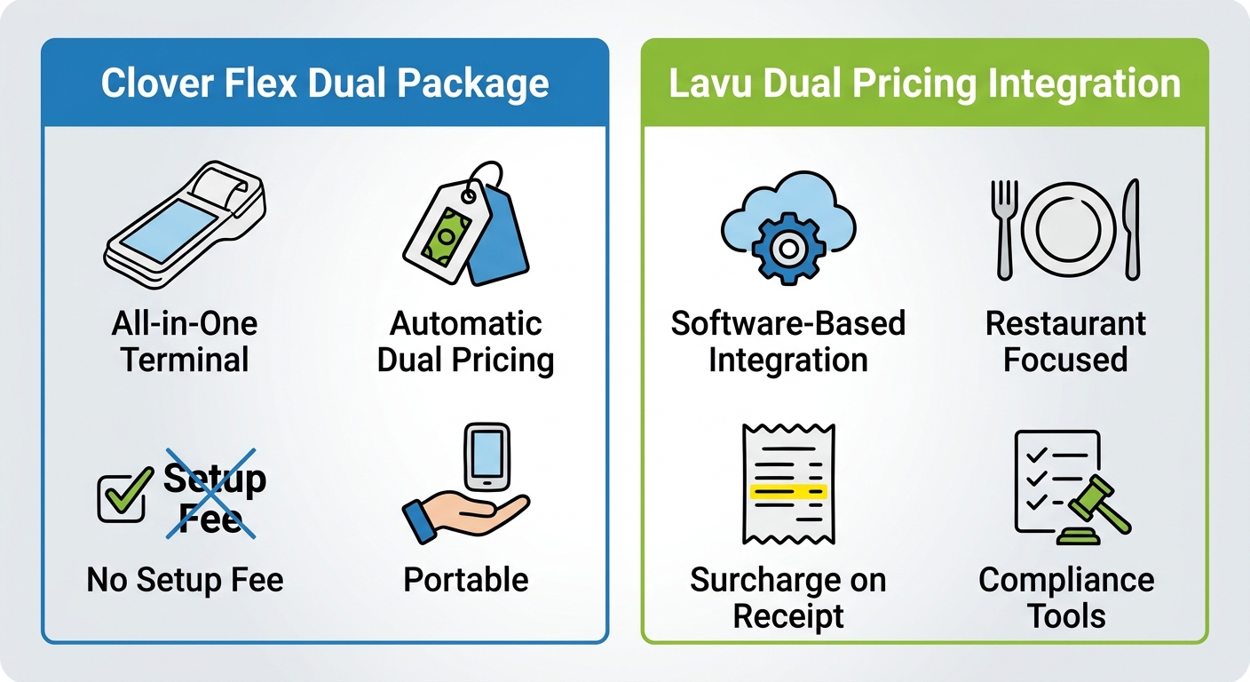 Infographic comparing Clover Flex Dual Package and Lavu Dual Pricing Integration with eight feature icons