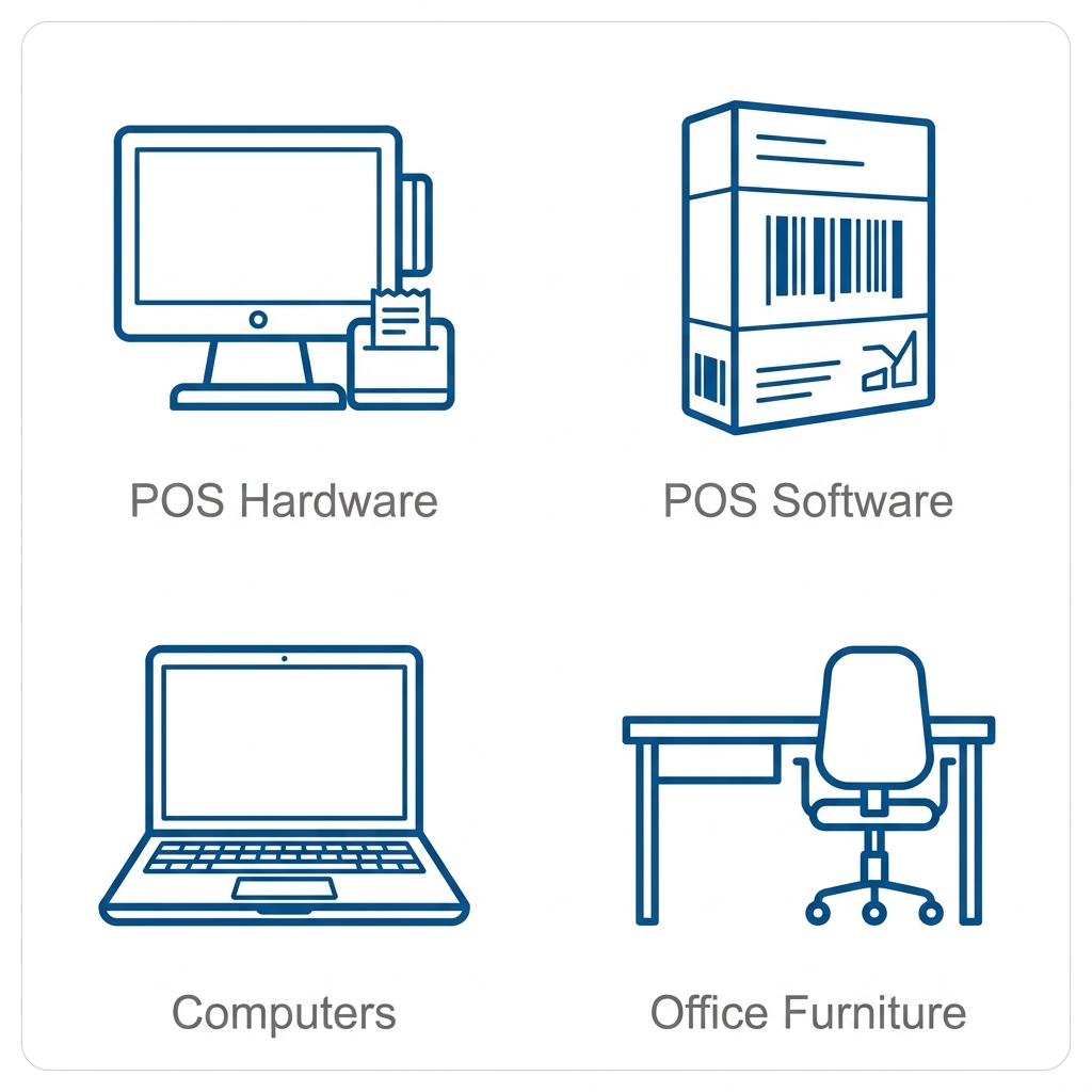 Icon set showing four business equipment categories: POS hardware terminal, POS software box, laptop computer, and office desk with chair.