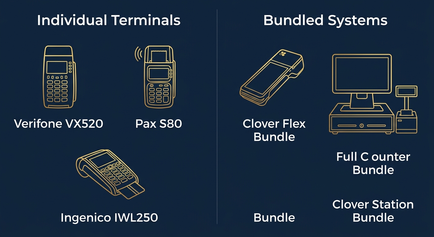 Comparison infographic showing individual POS terminal models and bundled system options with pricing details.